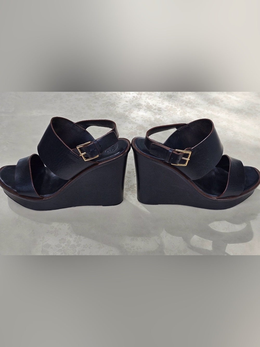 π€ Tory Burch Black Leather Platform Wedge Sandals Size 8.5 - Picture 2 of 14